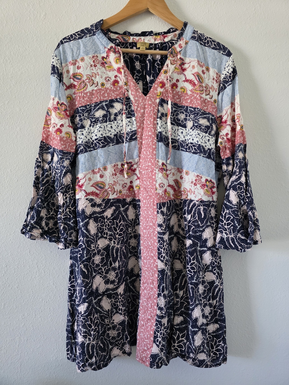 Boho Floral Patchwork Tunic Dress in Pink & Navy